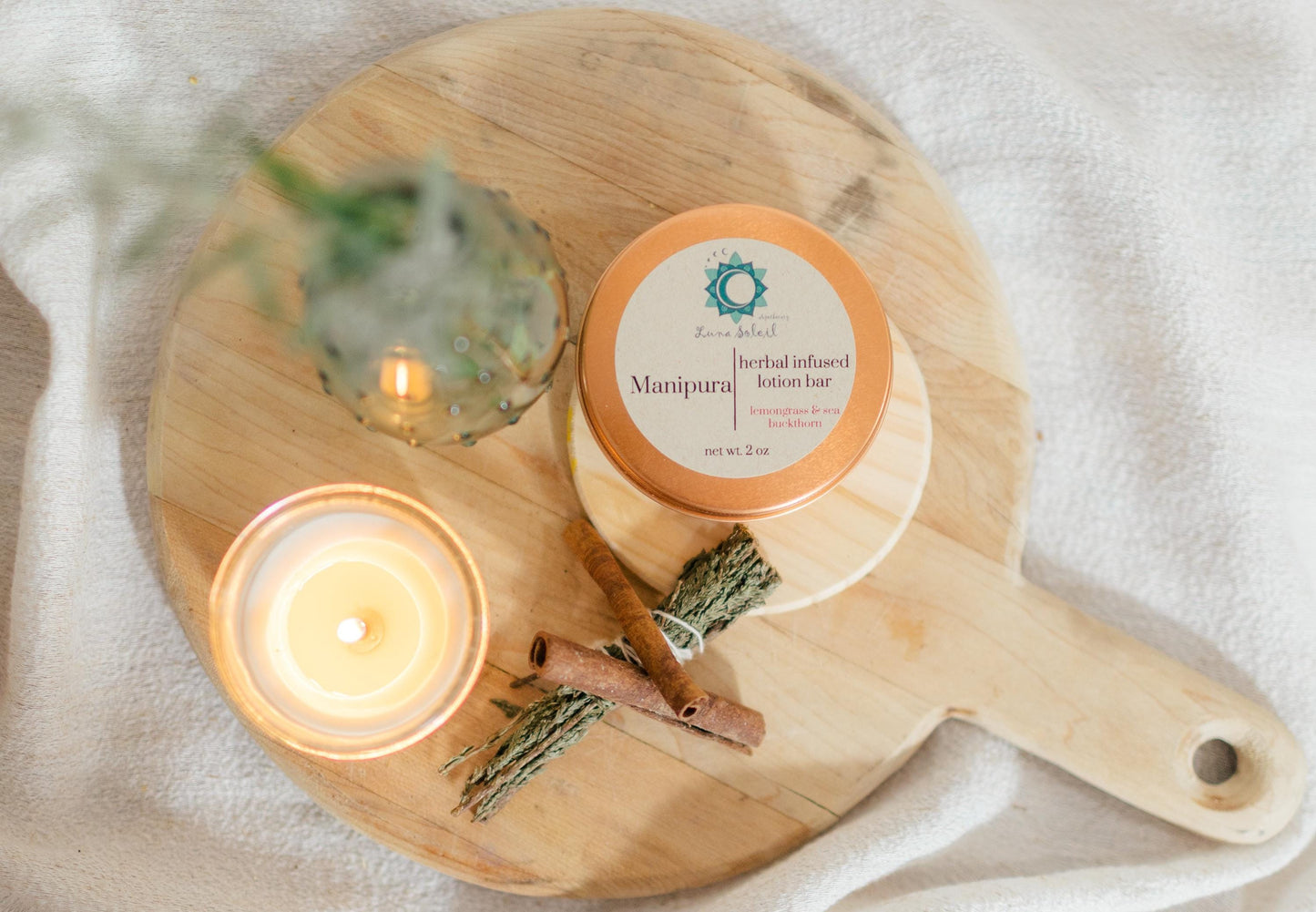 Manipura Herbal-Infused Lotion Bar. A moisturizing blend of natural butters and essential oils to bring balance to your Solar Plexus chakra.