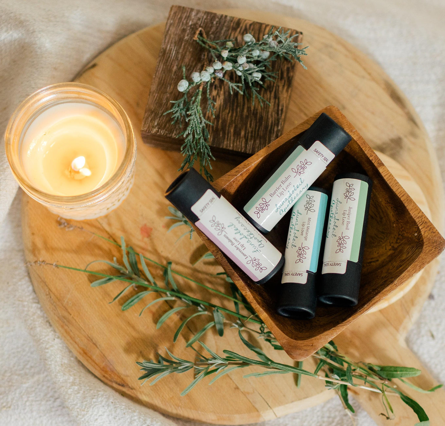 Vegan Juniper Basil Lip Love. Herbal infused lip balm